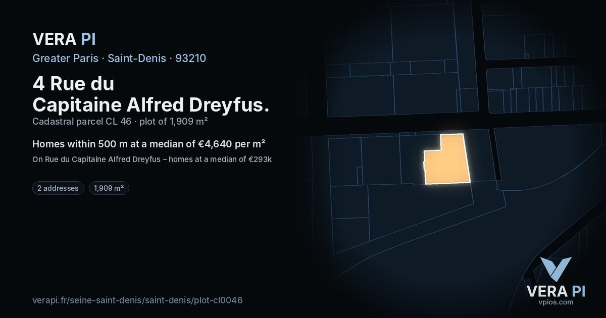 4 Rue du Capitaine Alfred Dreyfus, Saint-Denis at night – the plot lit, the parcels around coloured by the prices near them