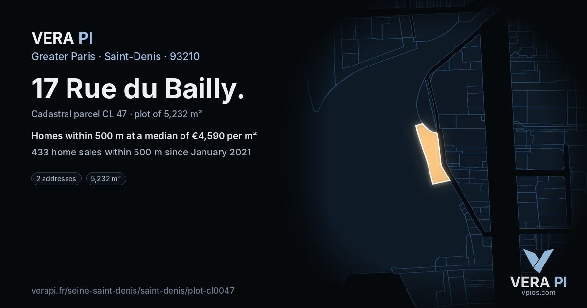 17 Rue du Bailly, Saint-Denis at night – the plot lit, the parcels around coloured by the prices near them
