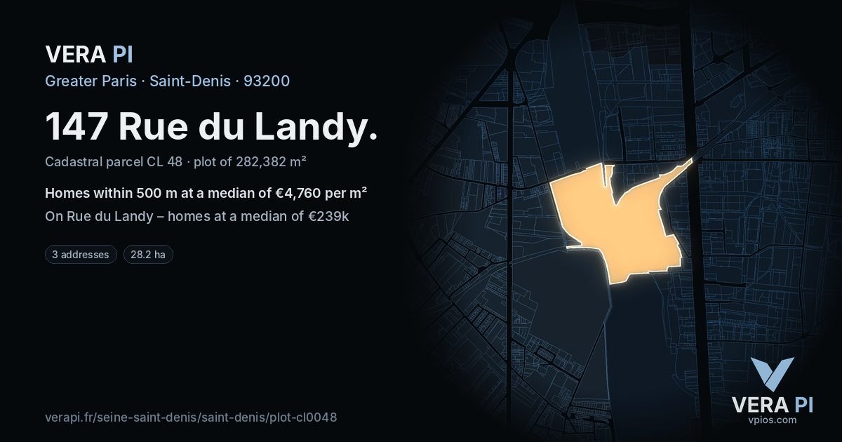 147 Rue du Landy, Saint-Denis at night – the plot lit, the parcels around coloured by the prices near them