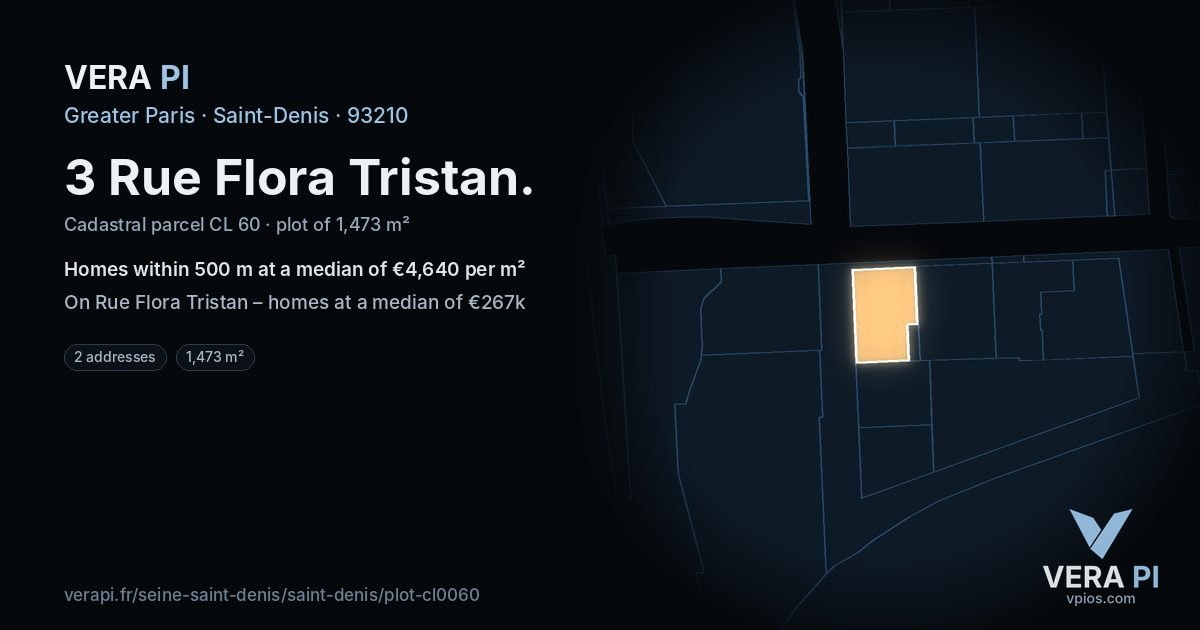 3 Rue Flora Tristan, Saint-Denis at night – the plot lit, the parcels around coloured by the prices near them