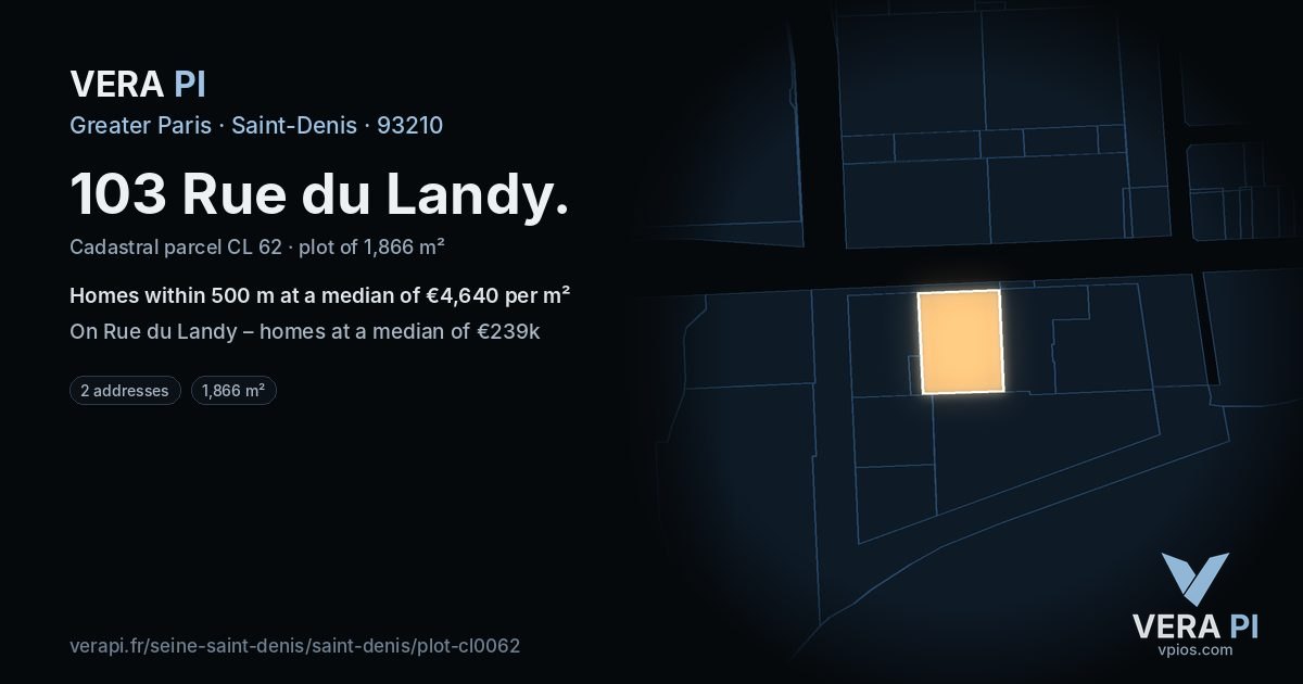 103 Rue du Landy, Saint-Denis at night – the plot lit, the parcels around coloured by the prices near them