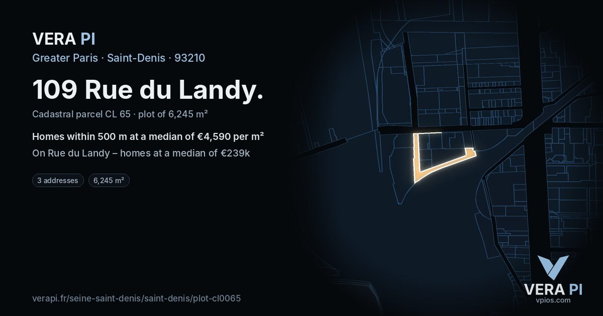 109 Rue du Landy, Saint-Denis at night – the plot lit, the parcels around coloured by the prices near them