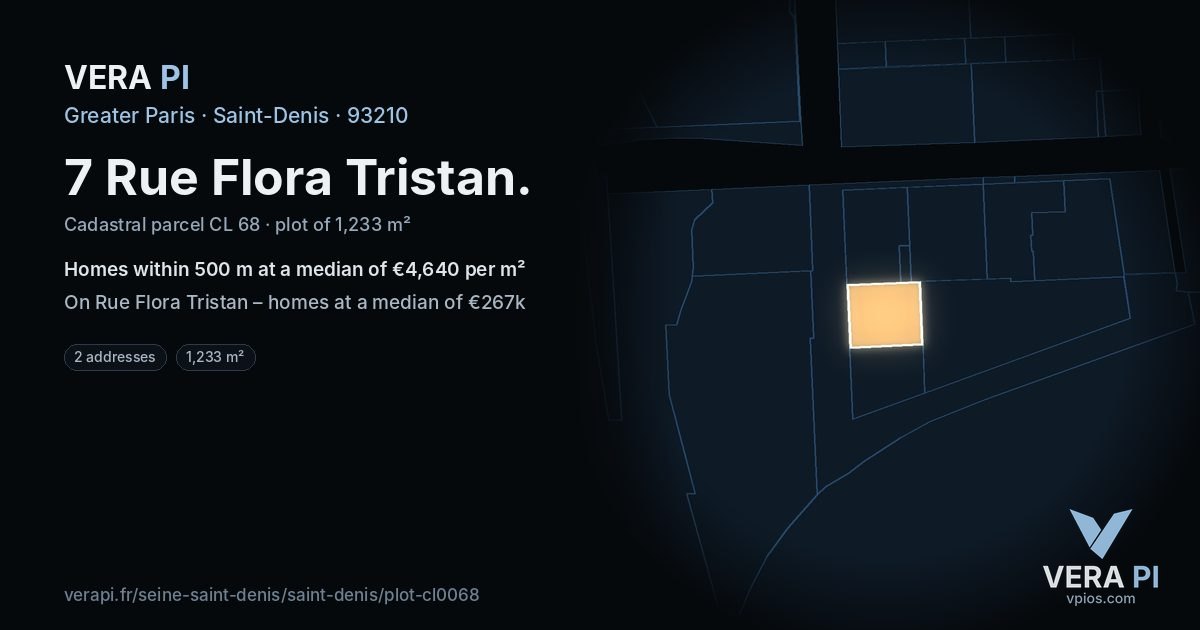 7 Rue Flora Tristan, Saint-Denis at night – the plot lit, the parcels around coloured by the prices near them
