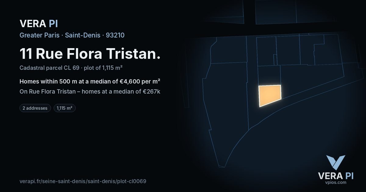 11 Rue Flora Tristan, Saint-Denis at night – the plot lit, the parcels around coloured by the prices near them