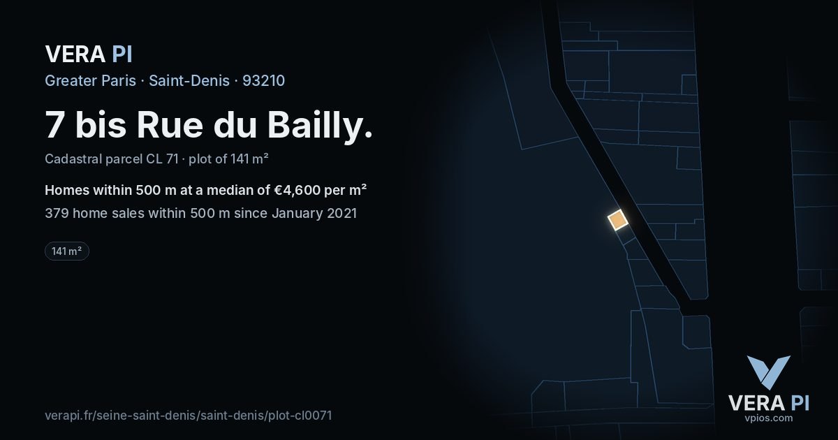 7 bis Rue du Bailly, Saint-Denis at night – the plot lit, the parcels around coloured by the prices near them