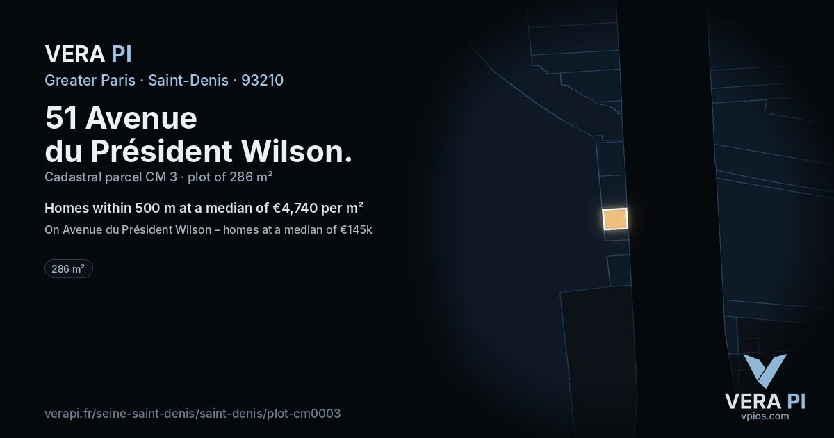 51 Avenue du Président Wilson, Saint-Denis at night – the plot lit, the parcels around coloured by the prices near them