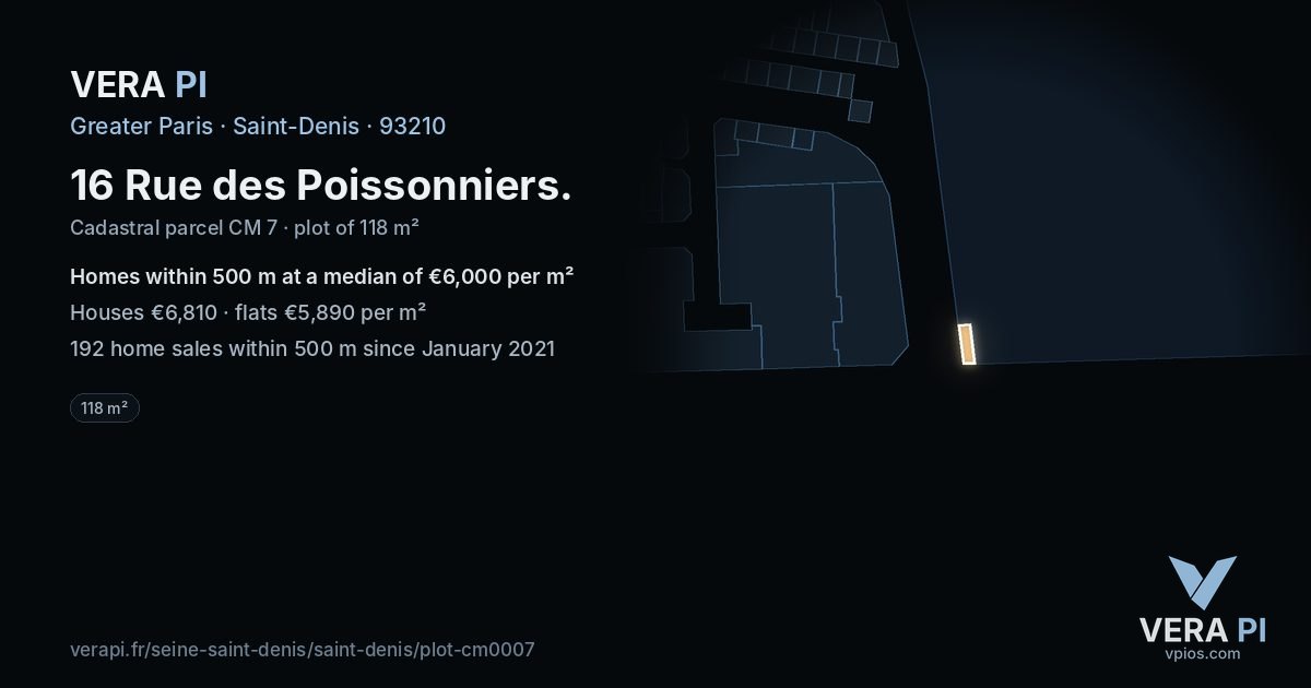 16 Rue des Poissonniers, Saint-Denis at night – the plot lit, the parcels around coloured by the prices near them
