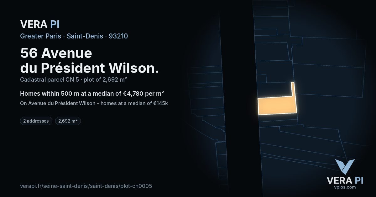 56 Avenue du Président Wilson, Saint-Denis at night – the plot lit, the parcels around coloured by the prices near them