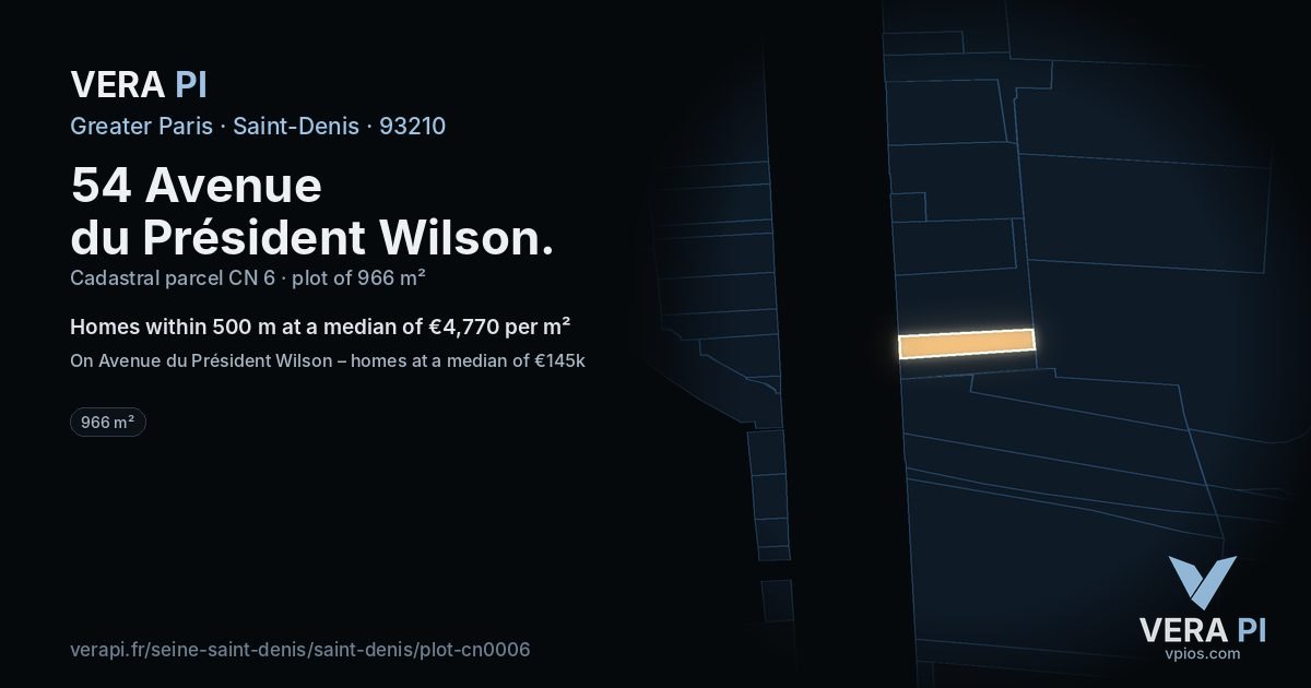 54 Avenue du Président Wilson, Saint-Denis at night – the plot lit, the parcels around coloured by the prices near them