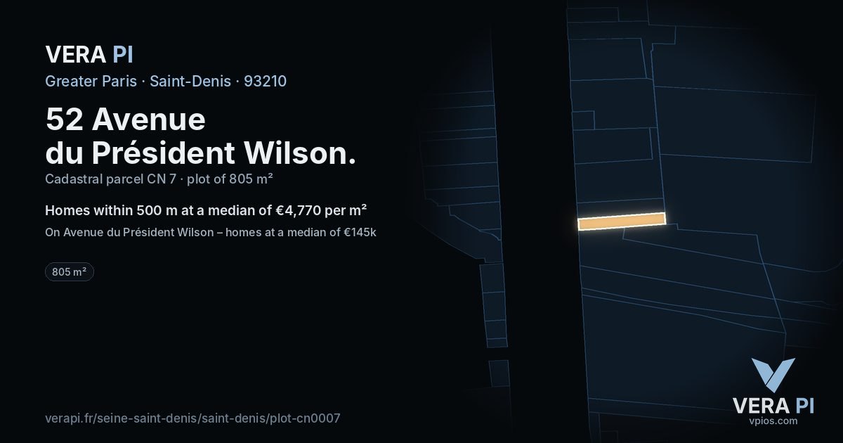 52 Avenue du Président Wilson, Saint-Denis at night – the plot lit, the parcels around coloured by the prices near them