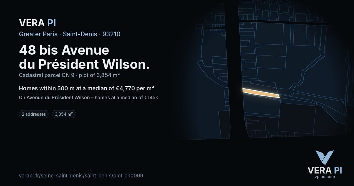 48 bis Avenue du Président Wilson, Saint-Denis at night – the plot lit, the parcels around coloured by the prices near them