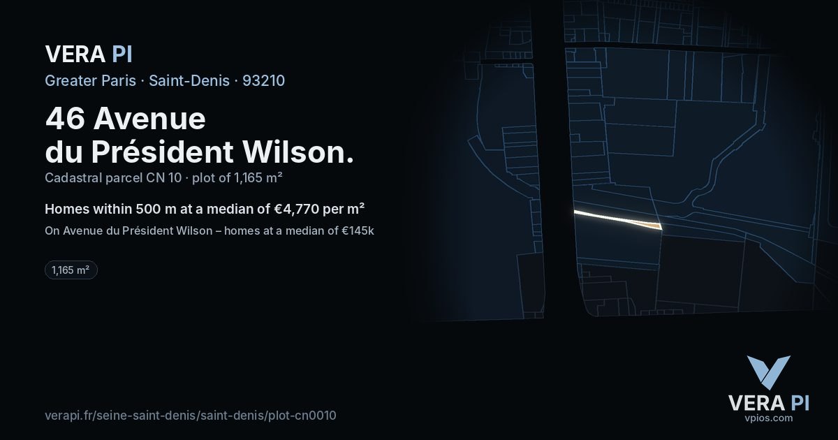 46 Avenue du Président Wilson, Saint-Denis at night – the plot lit, the parcels around coloured by the prices near them