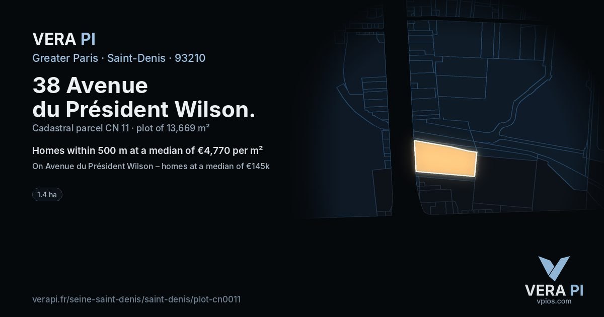 38 Avenue du Président Wilson, Saint-Denis at night – the plot lit, the parcels around coloured by the prices near them