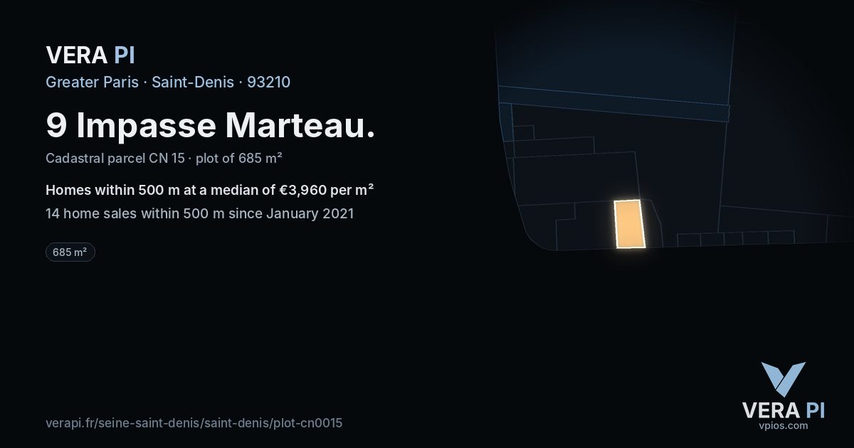 9 Impasse Marteau, Saint-Denis at night – the plot lit, the parcels around coloured by the prices near them