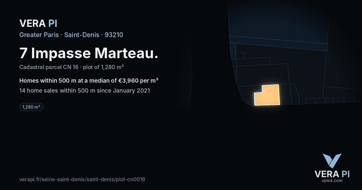 7 Impasse Marteau, Saint-Denis at night – the plot lit, the parcels around coloured by the prices near them