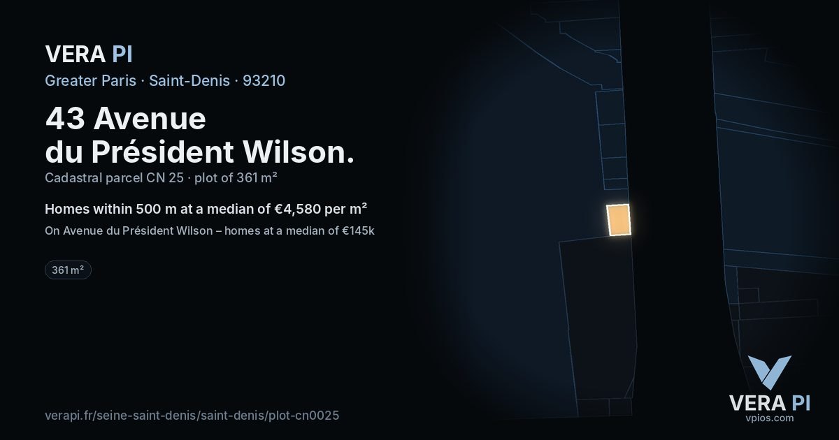 43 Avenue du Président Wilson, Saint-Denis at night – the plot lit, the parcels around coloured by the prices near them