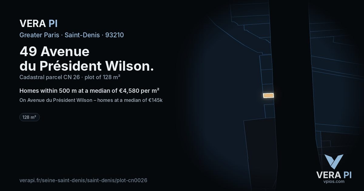 49 Avenue du Président Wilson, Saint-Denis at night – the plot lit, the parcels around coloured by the prices near them