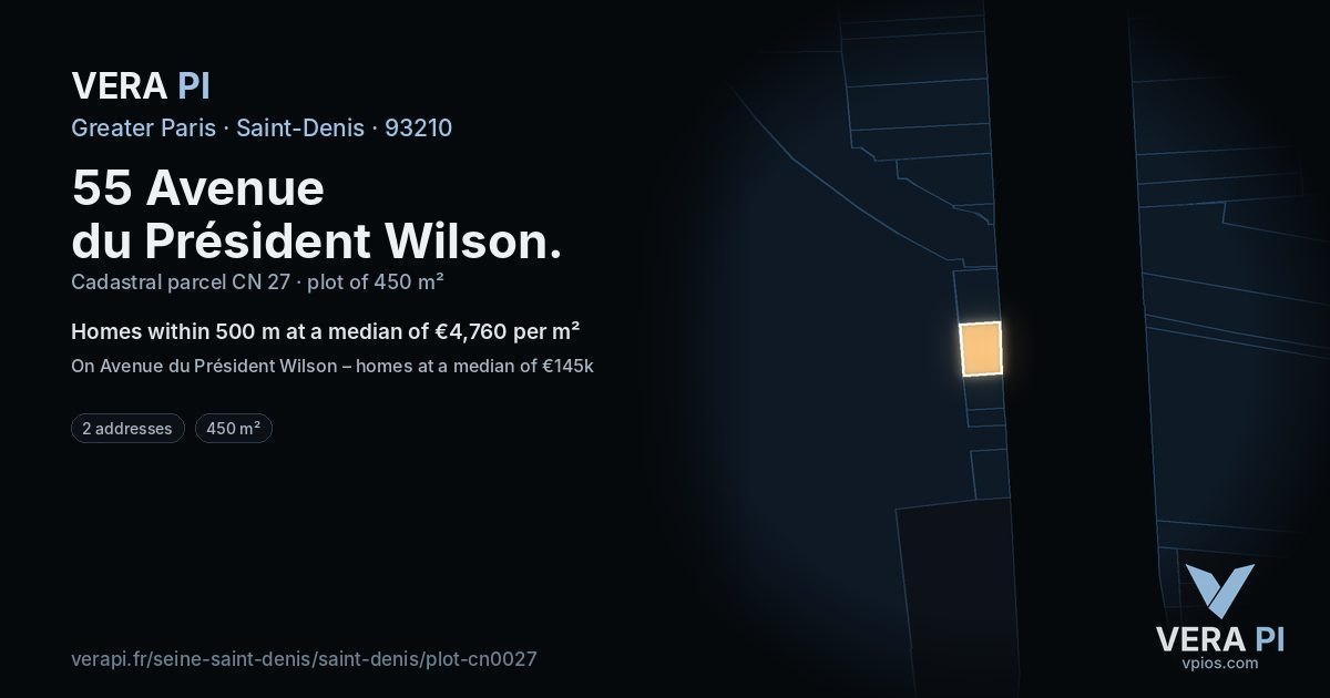 55 Avenue du Président Wilson, Saint-Denis at night – the plot lit, the parcels around coloured by the prices near them