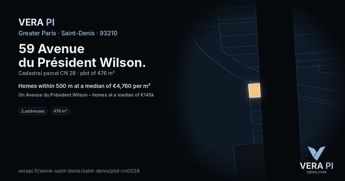 59 Avenue du Président Wilson, Saint-Denis at night – the plot lit, the parcels around coloured by the prices near them