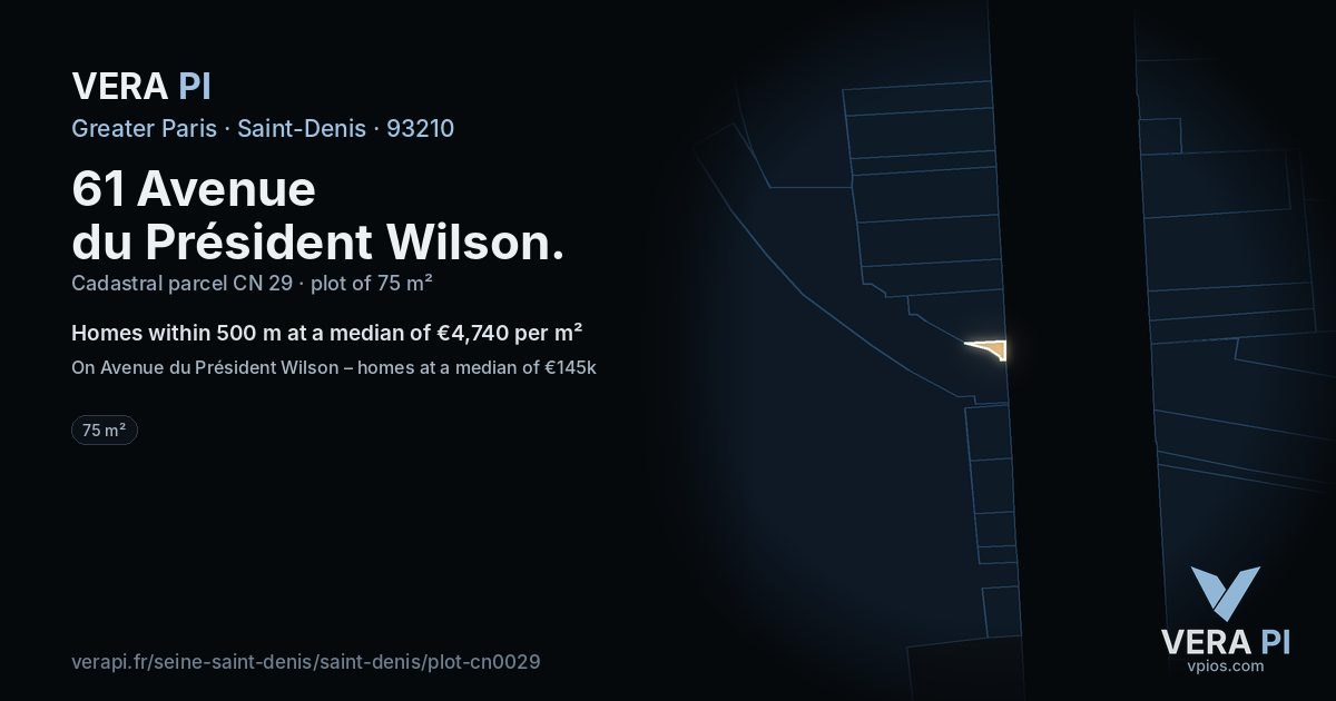 61 Avenue du Président Wilson, Saint-Denis at night – the plot lit, the parcels around coloured by the prices near them