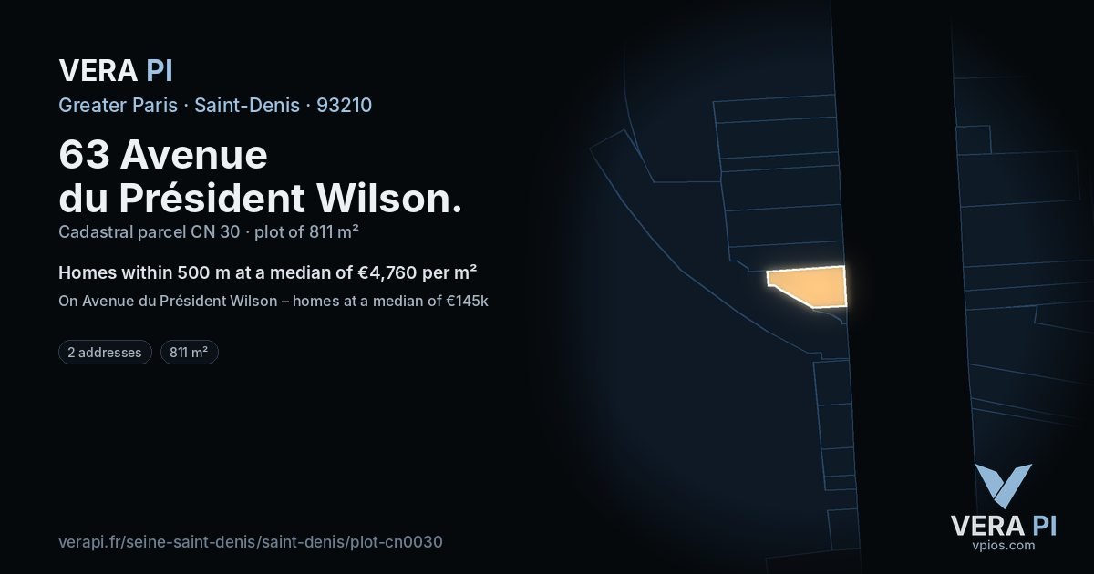 63 Avenue du Président Wilson, Saint-Denis at night – the plot lit, the parcels around coloured by the prices near them