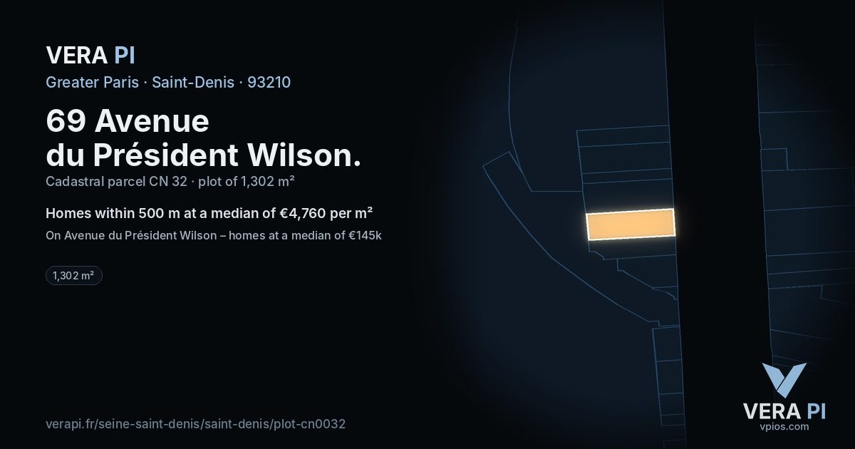 69 Avenue du Président Wilson, Saint-Denis at night – the plot lit, the parcels around coloured by the prices near them