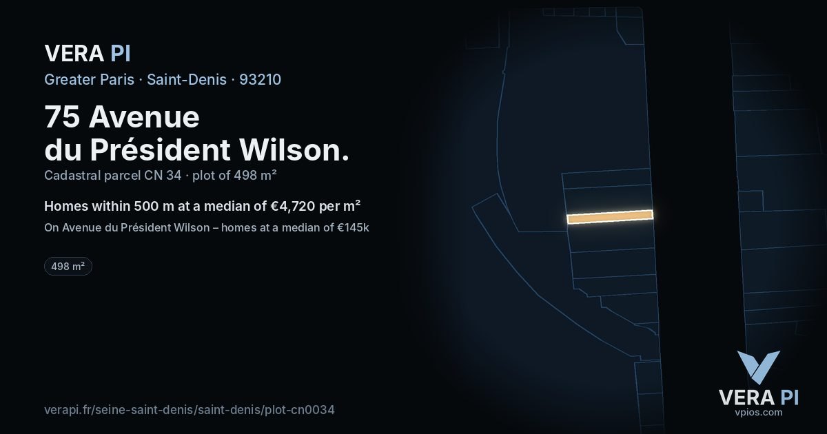 75 Avenue du Président Wilson, Saint-Denis at night – the plot lit, the parcels around coloured by the prices near them