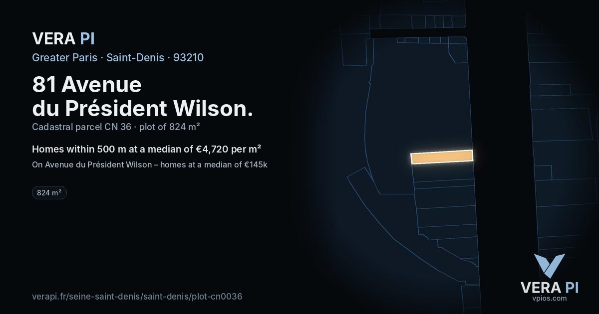 81 Avenue du Président Wilson, Saint-Denis at night – the plot lit, the parcels around coloured by the prices near them