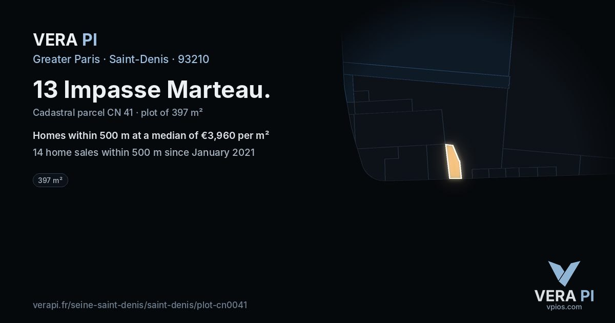 13 Impasse Marteau, Saint-Denis at night – the plot lit, the parcels around coloured by the prices near them