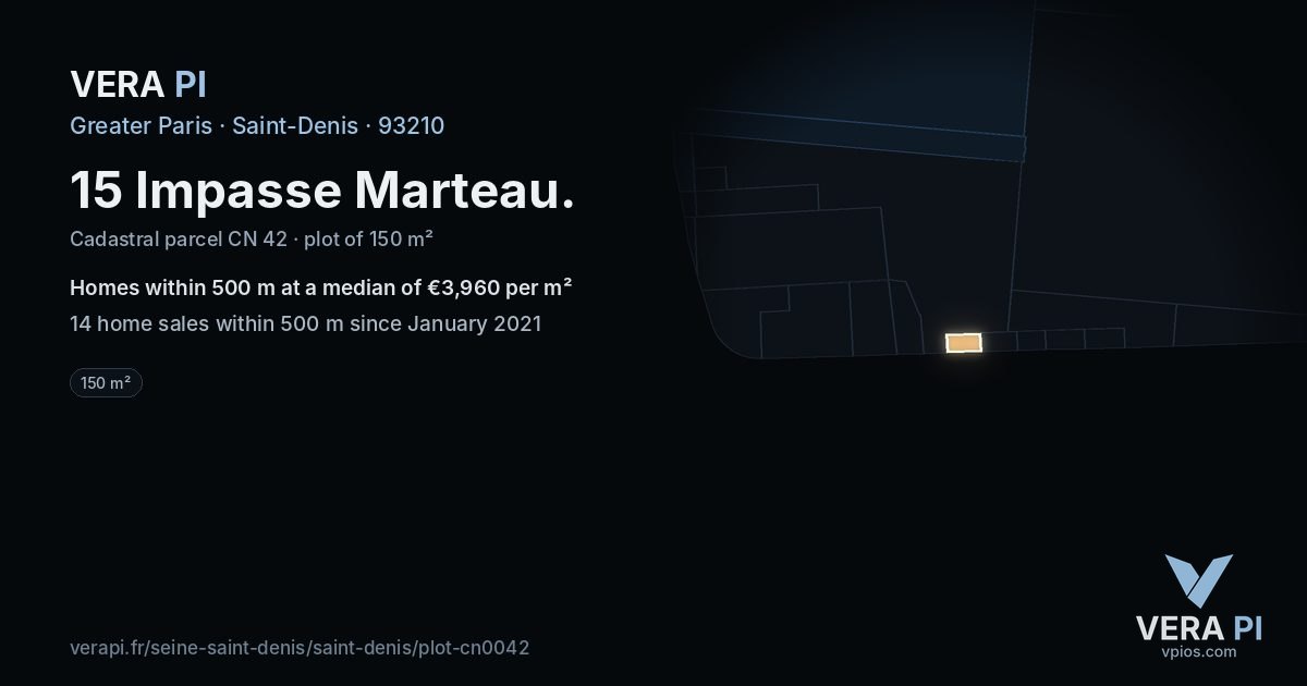 15 Impasse Marteau, Saint-Denis at night – the plot lit, the parcels around coloured by the prices near them