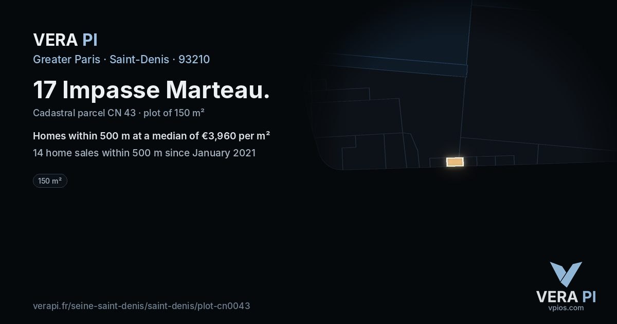 17 Impasse Marteau, Saint-Denis at night – the plot lit, the parcels around coloured by the prices near them