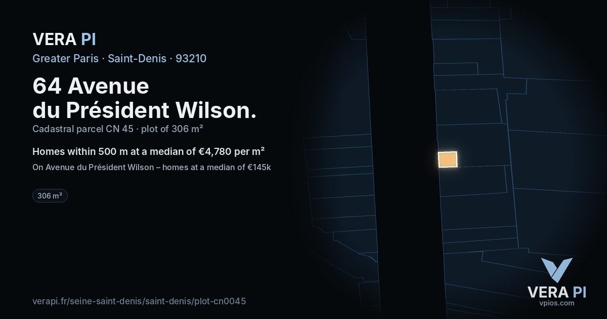 64 Avenue du Président Wilson, Saint-Denis at night – the plot lit, the parcels around coloured by the prices near them
