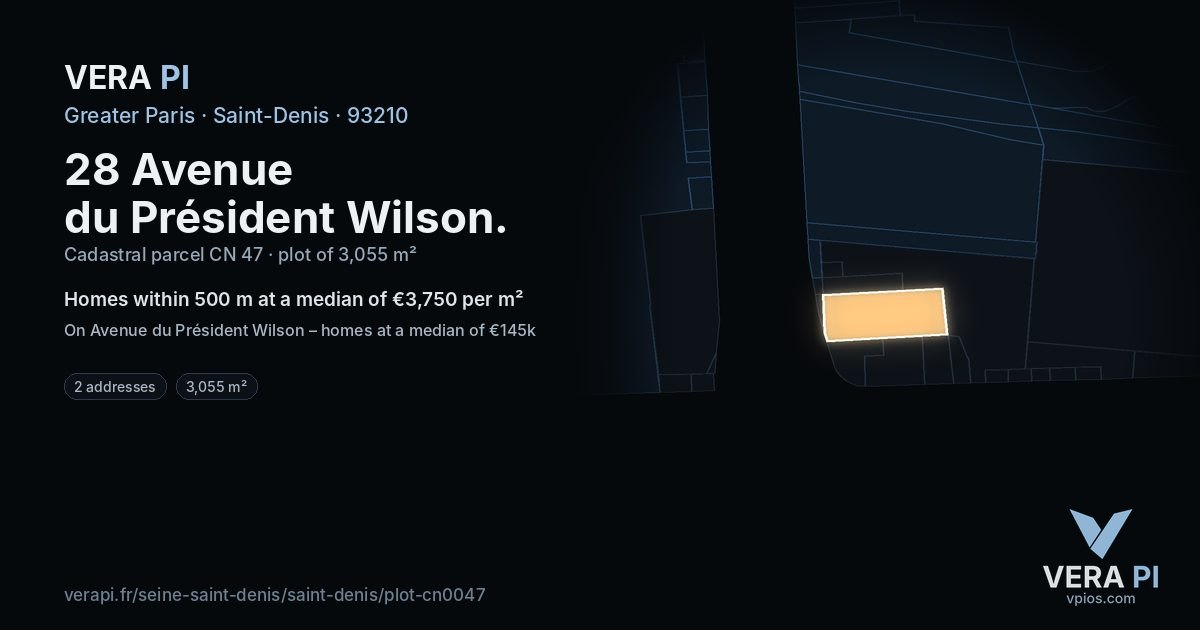28 Avenue du Président Wilson, Saint-Denis at night – the plot lit, the parcels around coloured by the prices near them