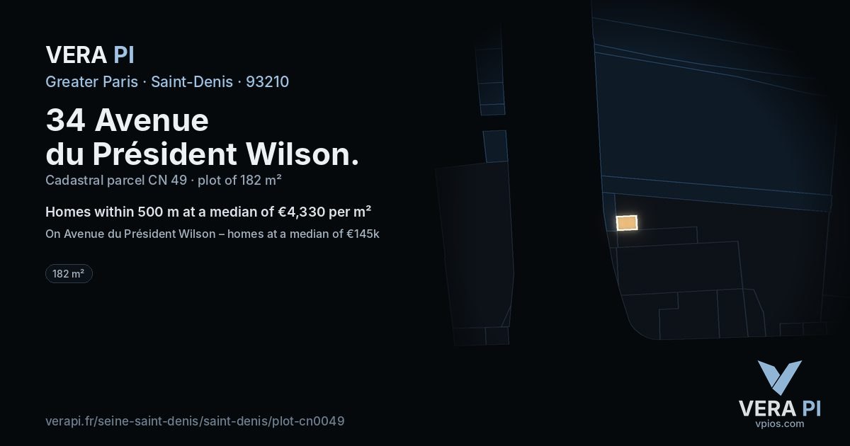 34 Avenue du Président Wilson, Saint-Denis at night – the plot lit, the parcels around coloured by the prices near them
