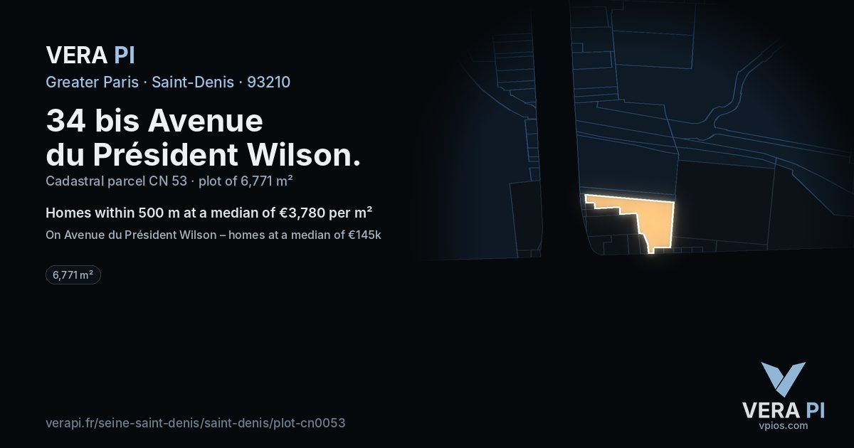 34 bis Avenue du Président Wilson, Saint-Denis at night – the plot lit, the parcels around coloured by the prices near them