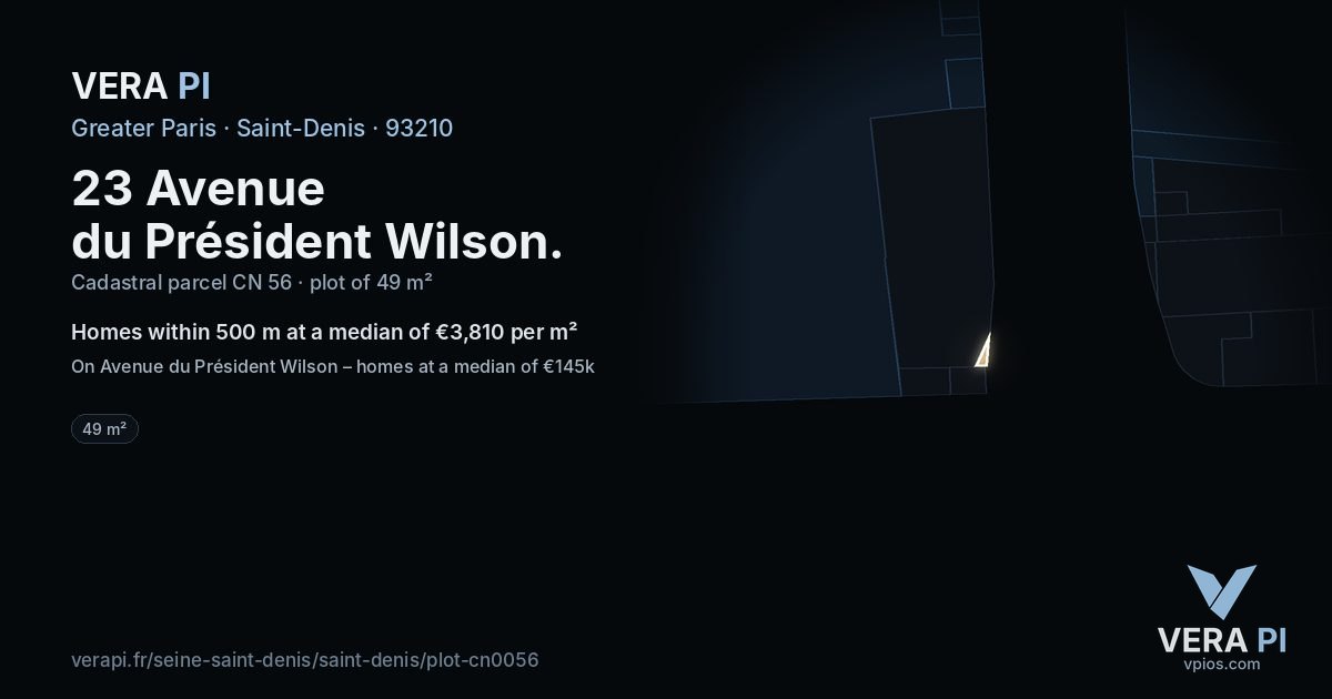 23 Avenue du Président Wilson, Saint-Denis at night – the plot lit, the parcels around coloured by the prices near them