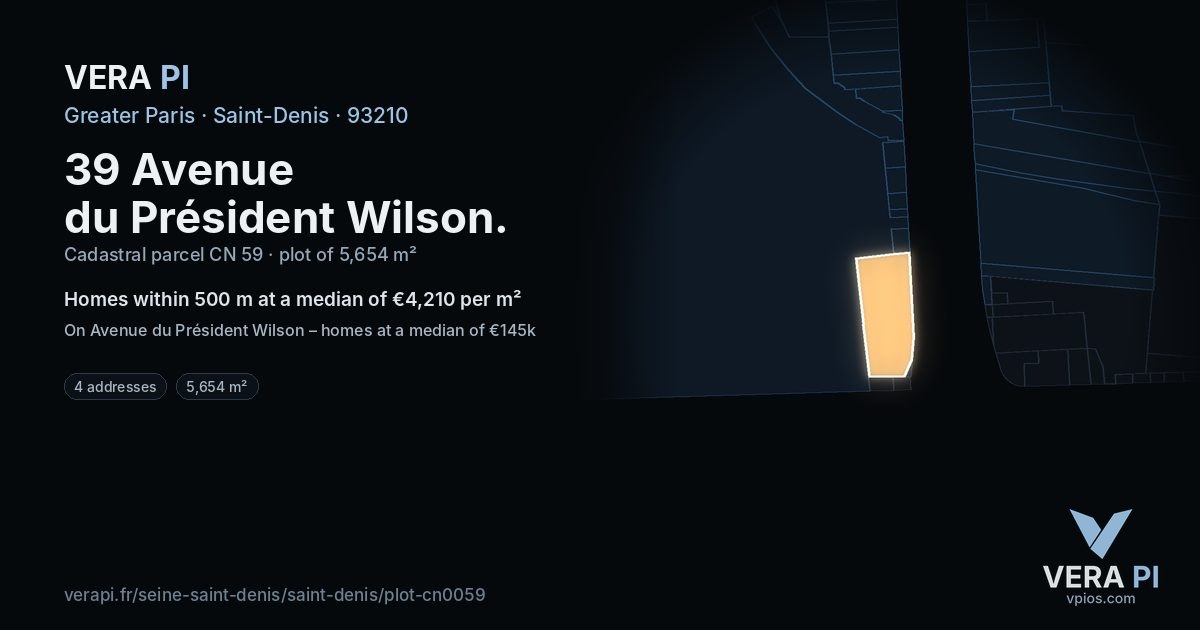 39 Avenue du Président Wilson, Saint-Denis at night – the plot lit, the parcels around coloured by the prices near them