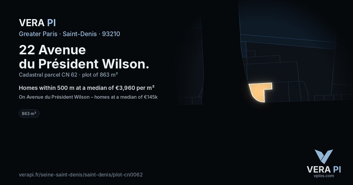 22 Avenue du Président Wilson, Saint-Denis at night – the plot lit, the parcels around coloured by the prices near them