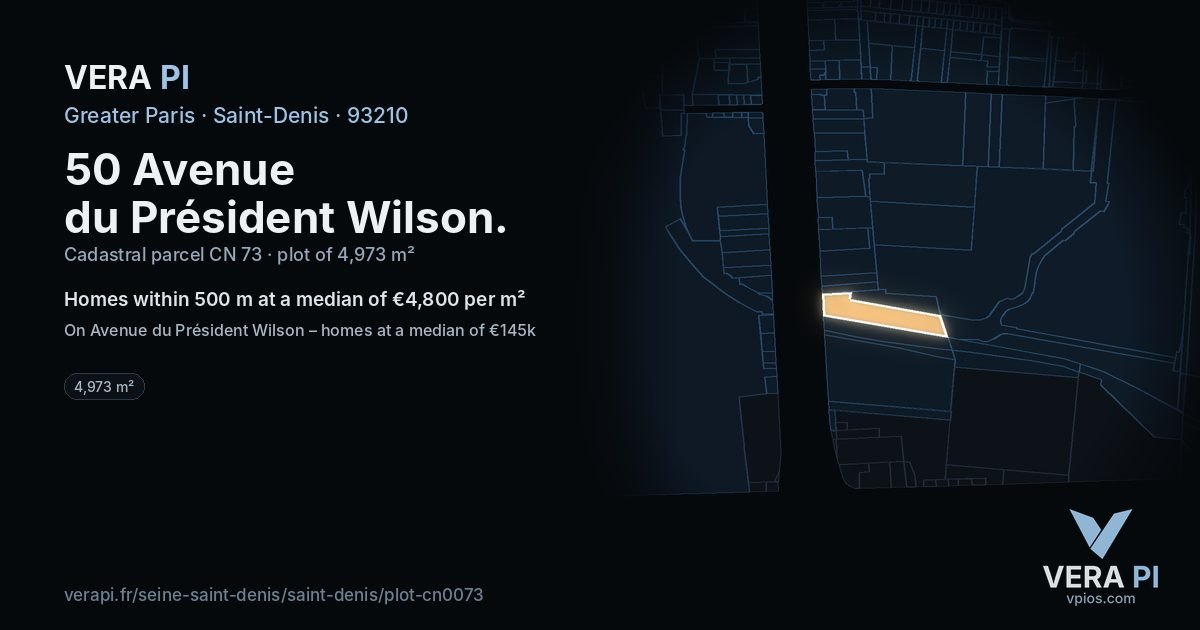 50 Avenue du Président Wilson, Saint-Denis at night – the plot lit, the parcels around coloured by the prices near them