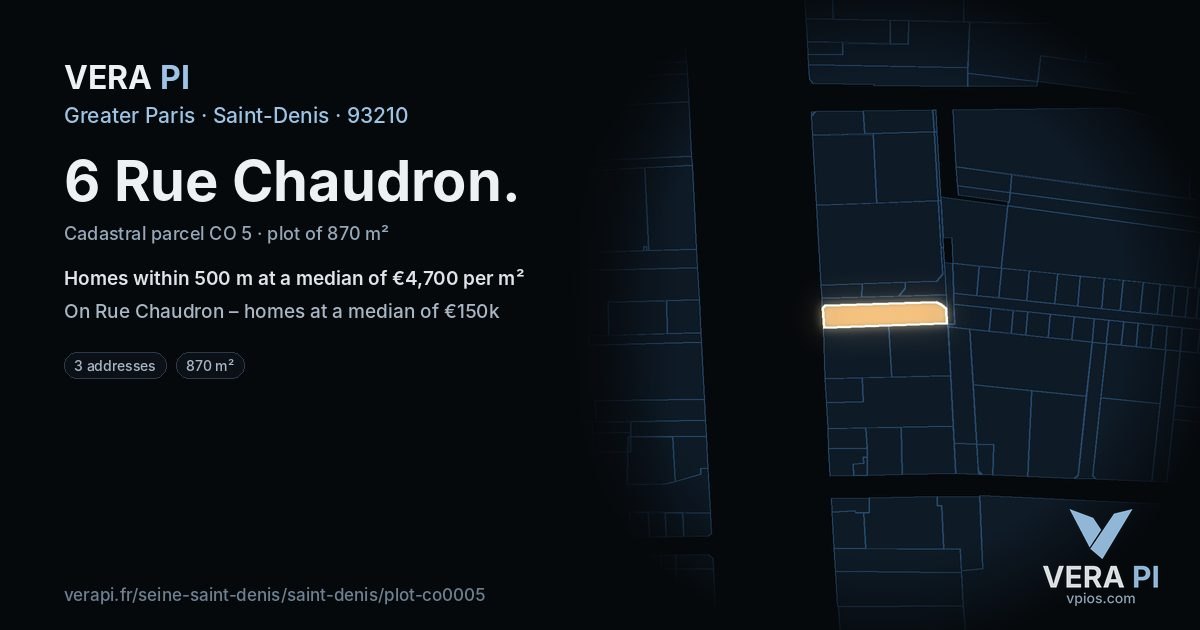 6 Rue Chaudron, Saint-Denis at night – the plot lit, the parcels around coloured by the prices near them