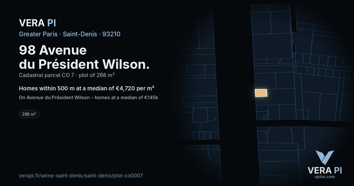 98 Avenue du Président Wilson, Saint-Denis at night – the plot lit, the parcels around coloured by the prices near them