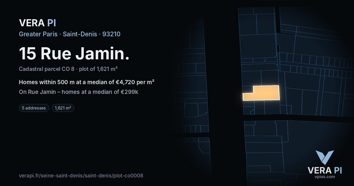 15 Rue Jamin, Saint-Denis at night – the plot lit, the parcels around coloured by the prices near them