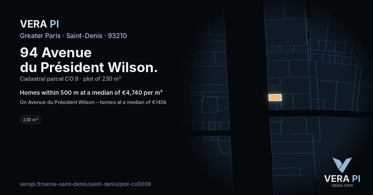 94 Avenue du Président Wilson, Saint-Denis at night – the plot lit, the parcels around coloured by the prices near them