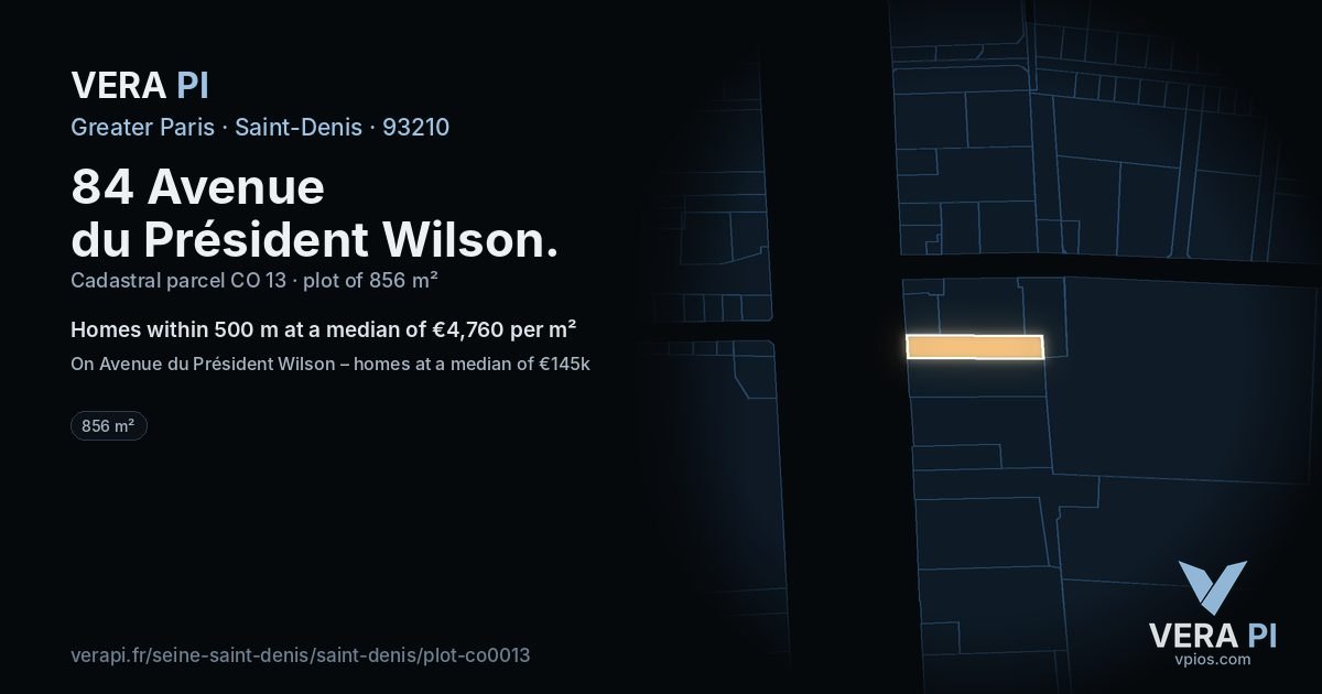 84 Avenue du Président Wilson, Saint-Denis at night – the plot lit, the parcels around coloured by the prices near them
