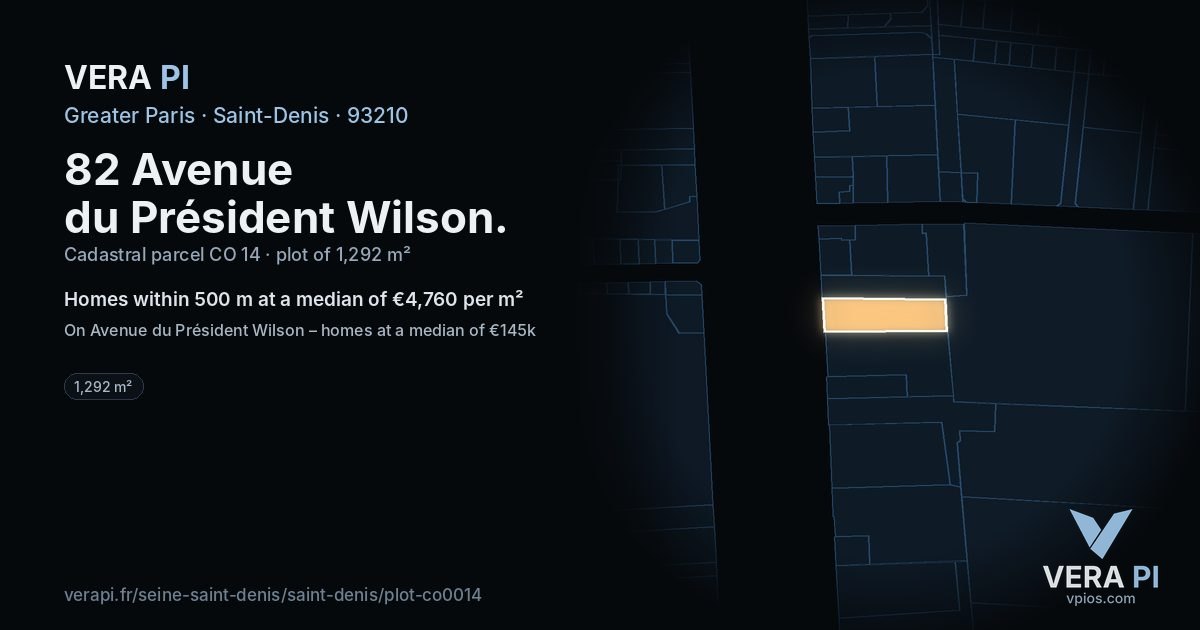 82 Avenue du Président Wilson, Saint-Denis at night – the plot lit, the parcels around coloured by the prices near them