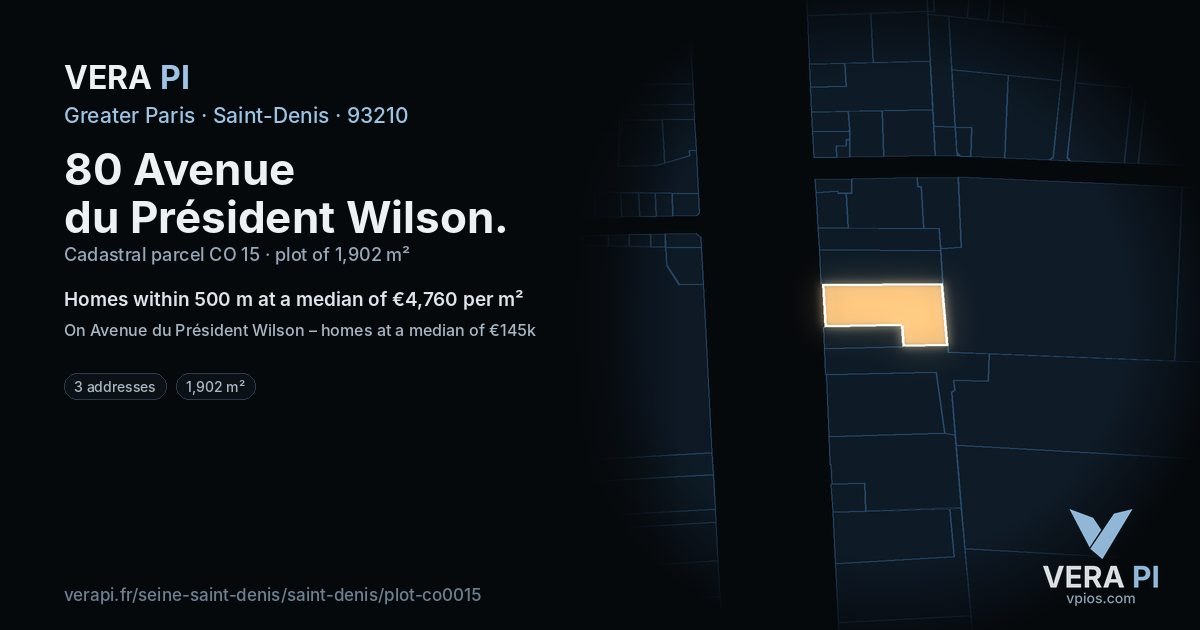 80 Avenue du Président Wilson, Saint-Denis at night – the plot lit, the parcels around coloured by the prices near them