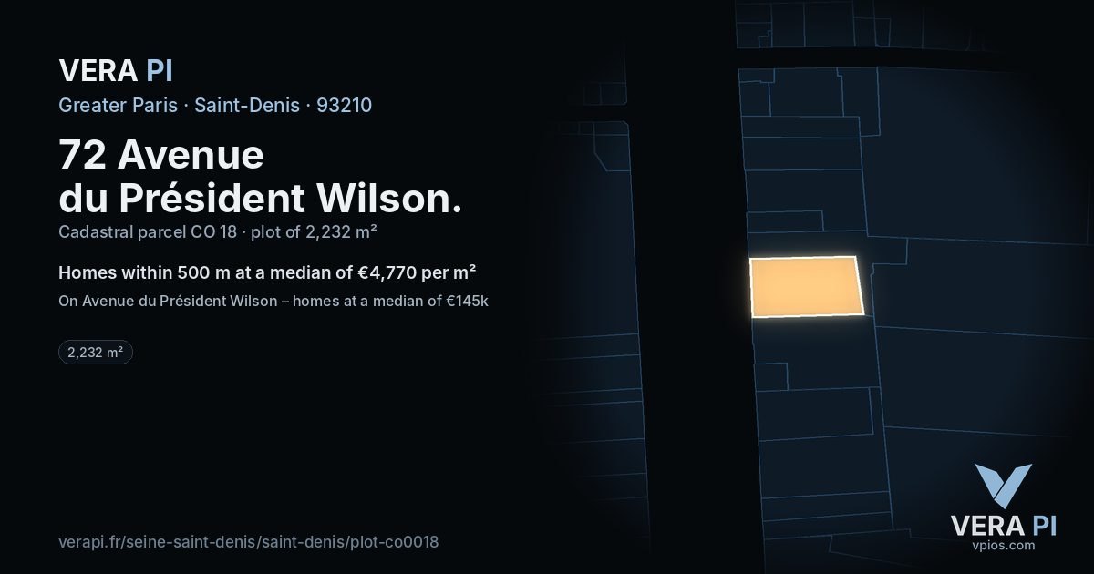 72 Avenue du Président Wilson, Saint-Denis at night – the plot lit, the parcels around coloured by the prices near them