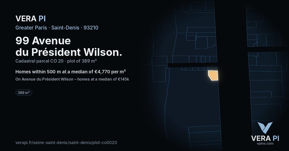 99 Avenue du Président Wilson, Saint-Denis at night – the plot lit, the parcels around coloured by the prices near them