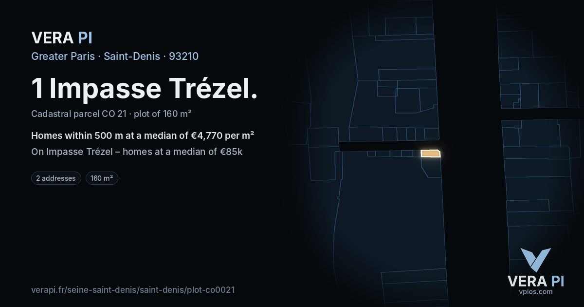 1 Impasse Trézel, Saint-Denis at night – the plot lit, the parcels around coloured by the prices near them