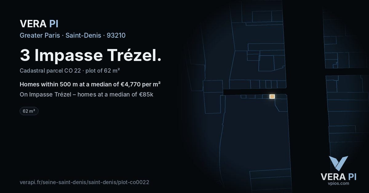3 Impasse Trézel, Saint-Denis at night – the plot lit, the parcels around coloured by the prices near them